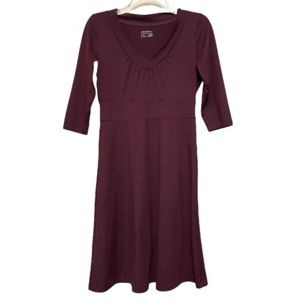 Eddie Bauer Travex Dress Purple Knit Fit n Flare V Neck 3/4 Sleeve Size S